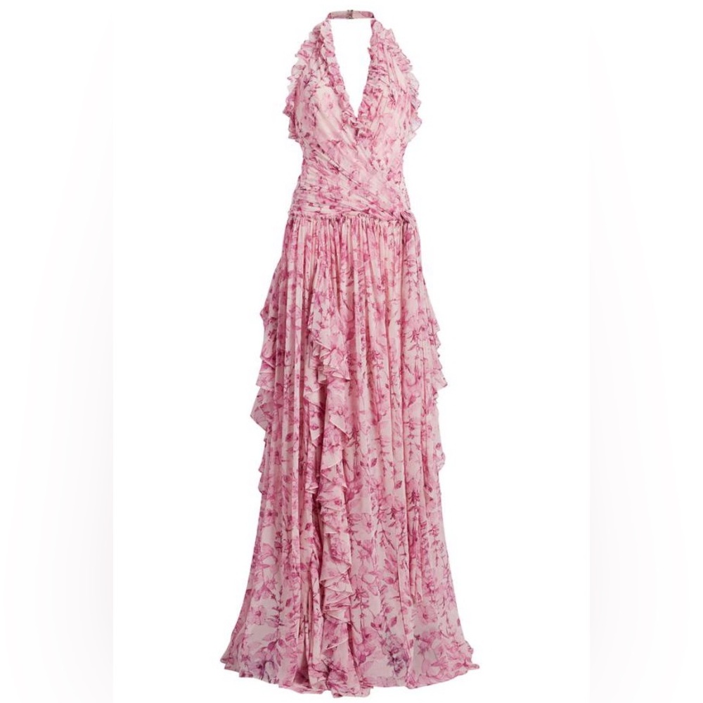cinq a sept Pink Floral Halter Ruffle Maxi Dress